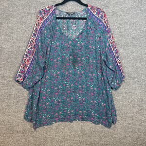 Lucky Brand Shirt Womens 2XL XXL Blue Floral Vneck Bohemian 3/4 Sleeve Plus Sz
